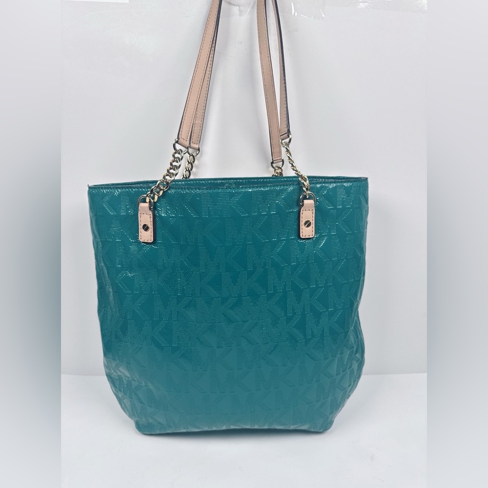 Michael Kors Jet Set NS Deep Sea Green Chain Tote Bag MK Signature Patent Leathe